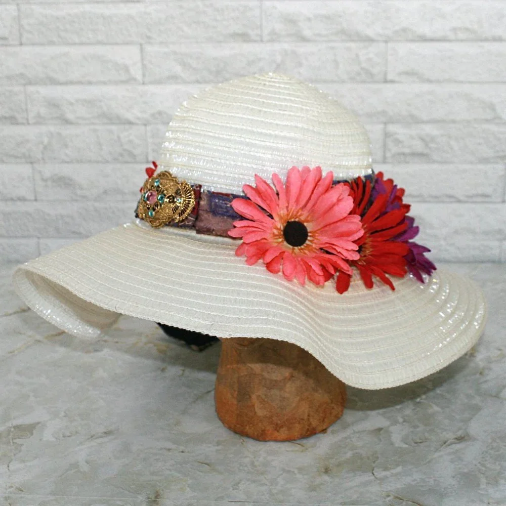 HAND CRAFTED Hat Upcycled Repurposed Silk Necktie Daisy White Derby Party Beach